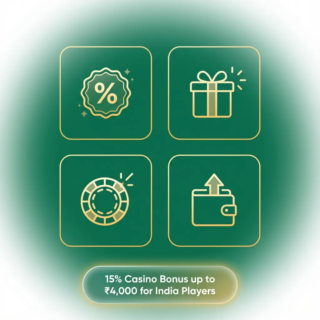 Banner showing “15% Casino Bonus up to ₹4,000” with casino chips, cards and rupee symbols for new India players