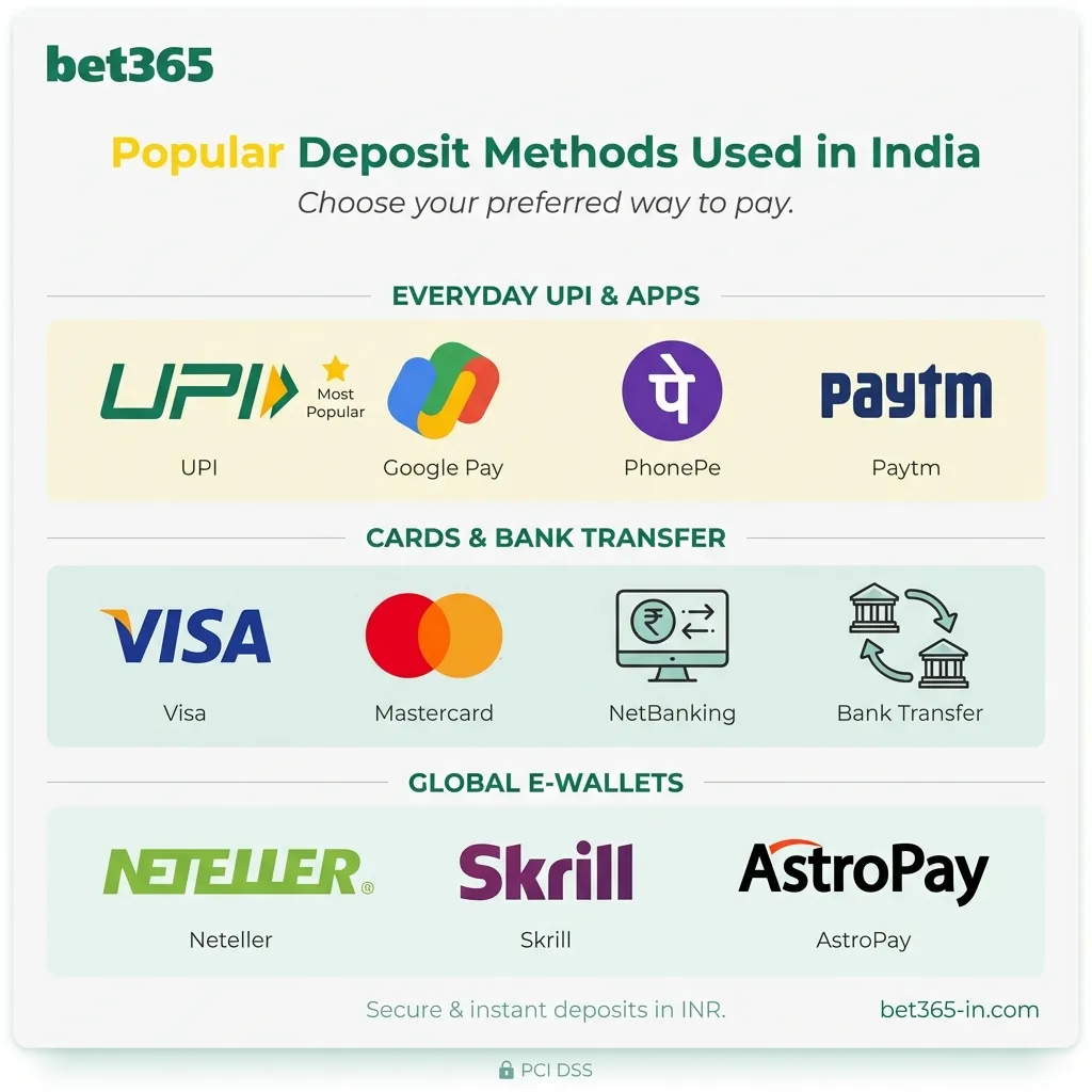 Top deposit methods for Indian users on the Bet365 platform