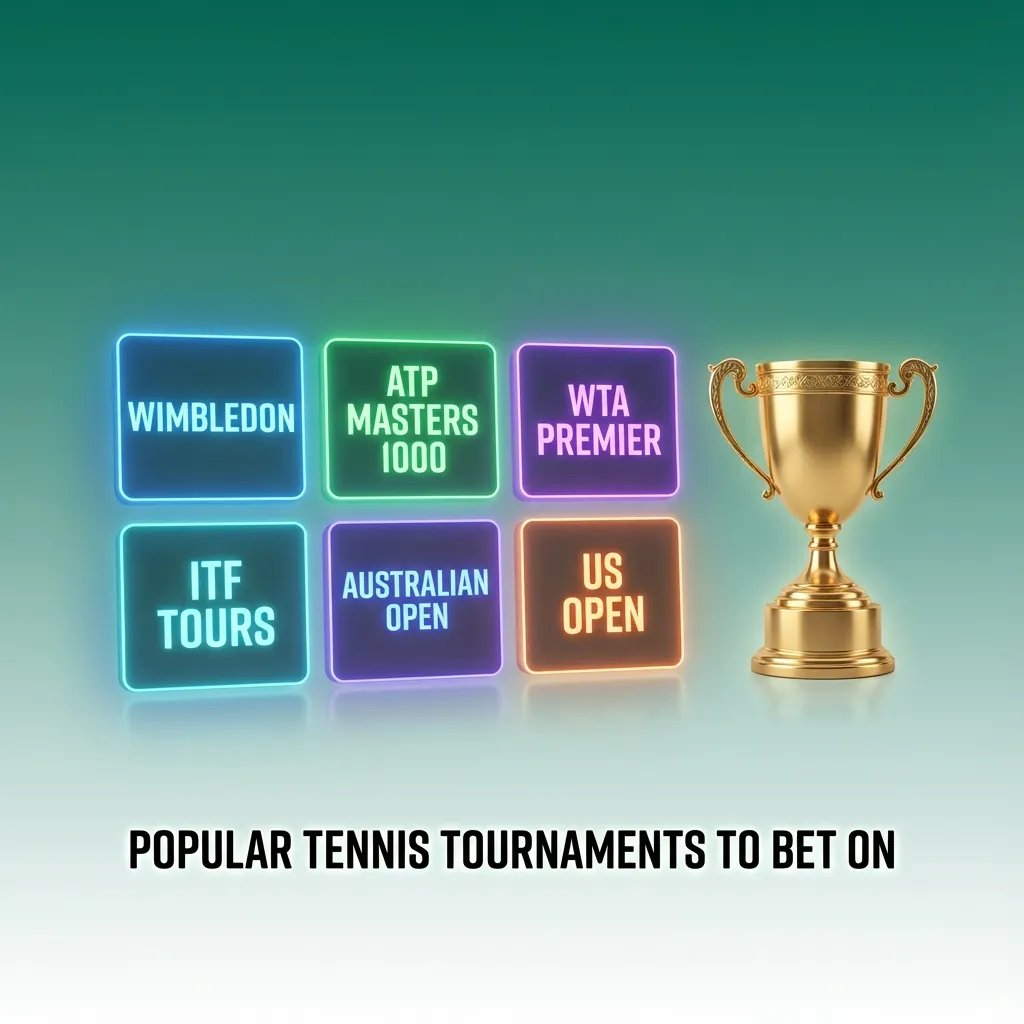 Graphic listing major tennis tournaments and tours to bet on, from Grand Slams to ATP, WTA, Challenger and ITF events