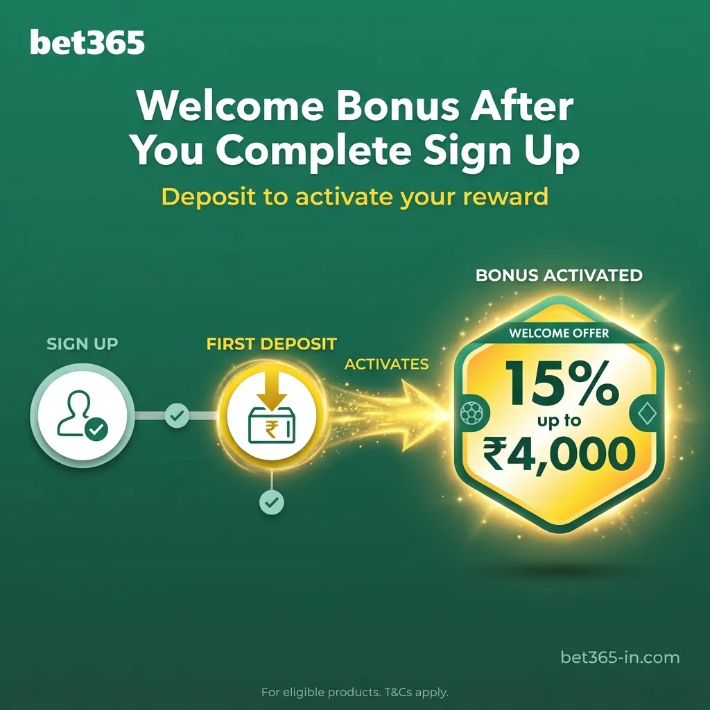 Claim 15% welcome bonus up to ₹4,000 after Bet365 registration