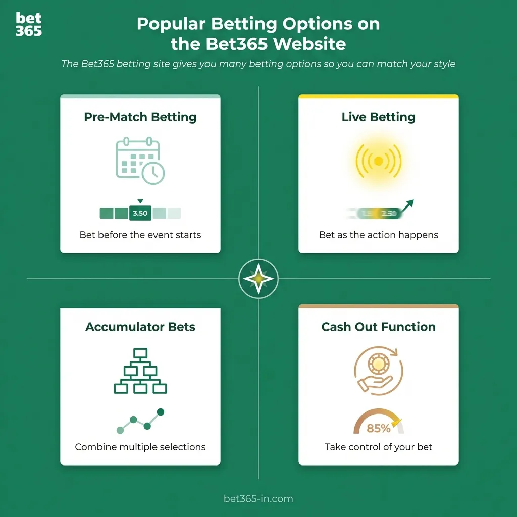 Explore various betting styles on Bet365 - live, pre-match, and cash out