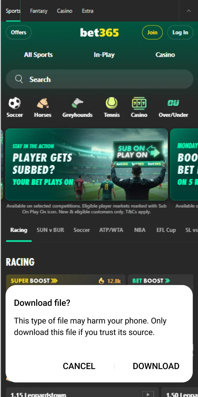 Agree to the download permission prompt for the Bet365 APK