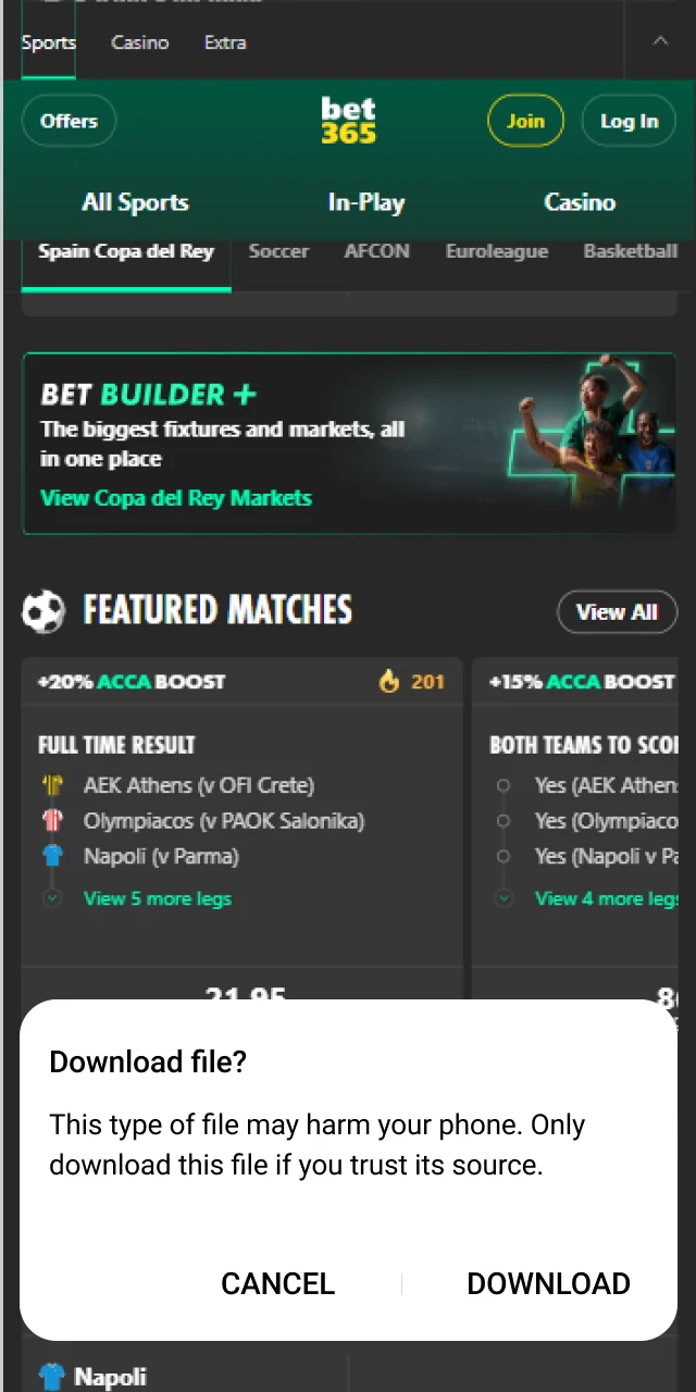 Start the Bet365 Android APK download from the official website