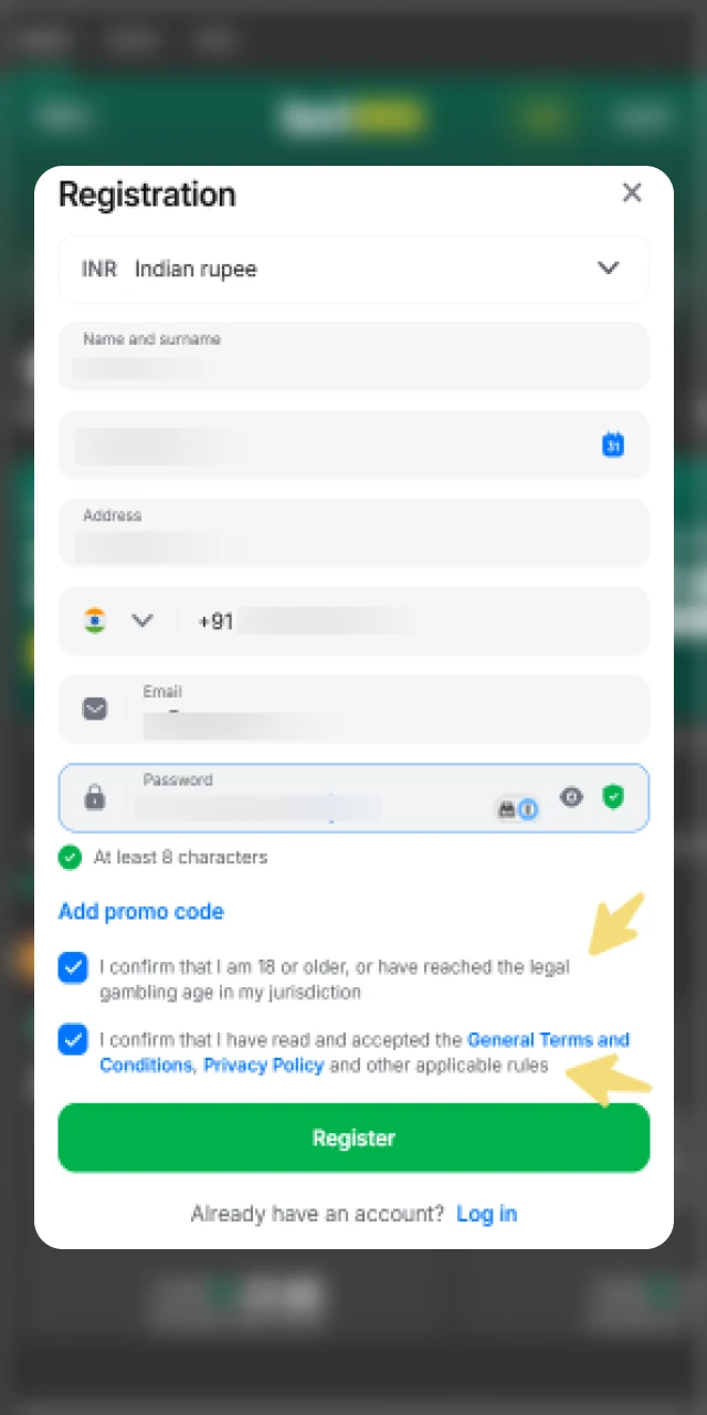 Confirm age 18+ and accept terms & conditions on bet365
