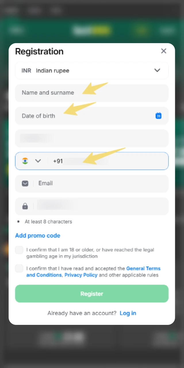 Fill in your personal details and select INR as currency on bet365