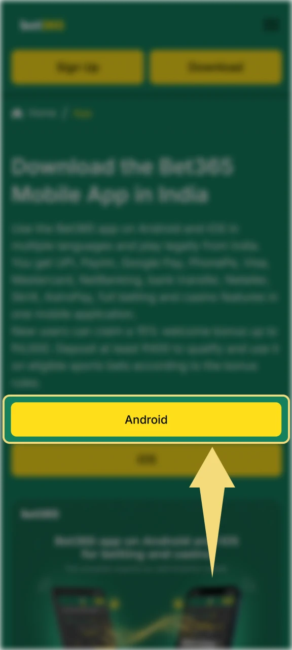 Locate the Bet365 download button to save the APK file directly to your Android device.