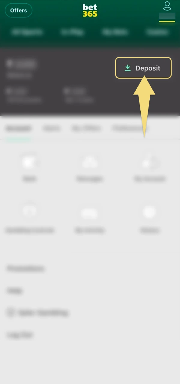 Select deposit from the Bet365 account menu to view available payment options.