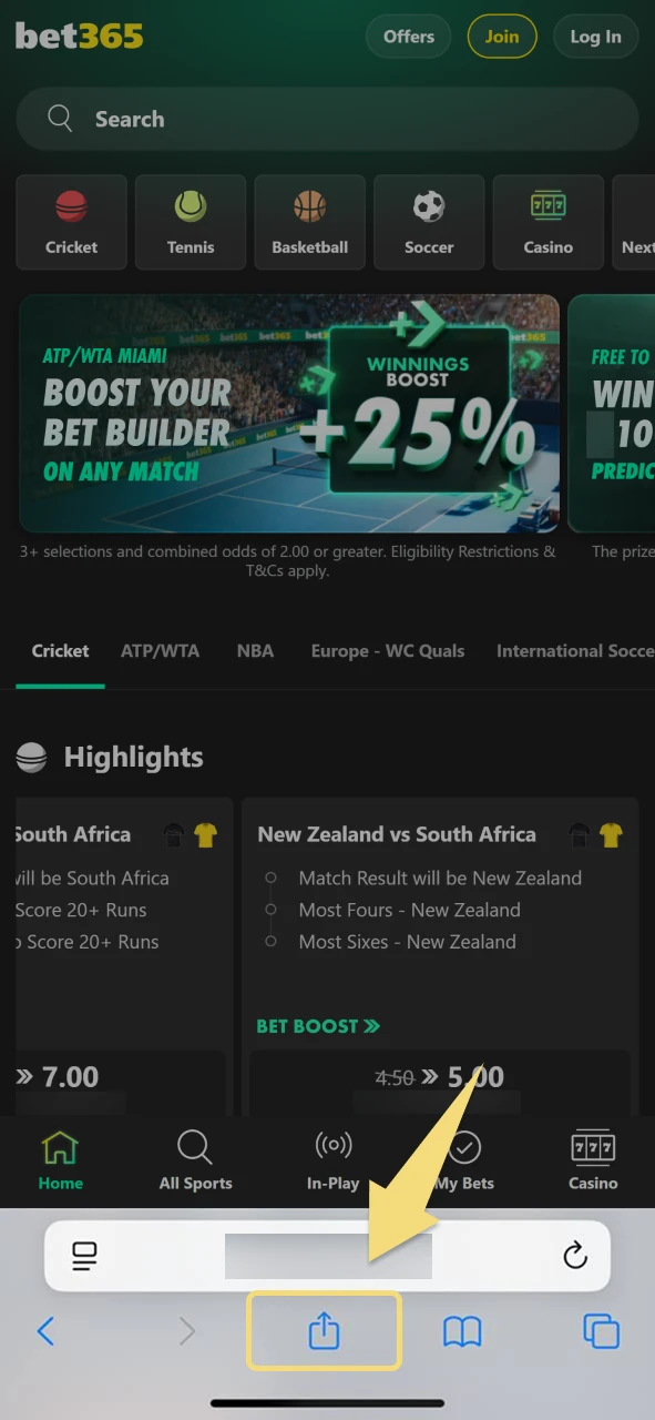 Tap the share icon in the Safari menu to access Bet365 mobile options.
