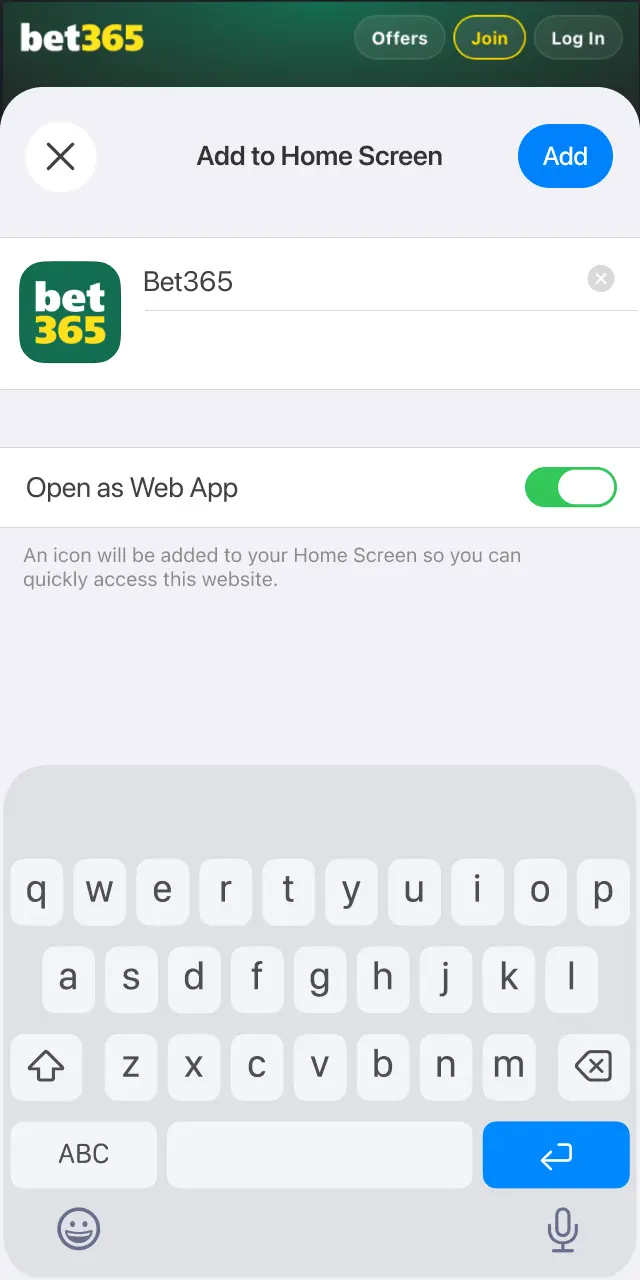 Scroll through the share menu and tap Add to Home Screen for Bet365.