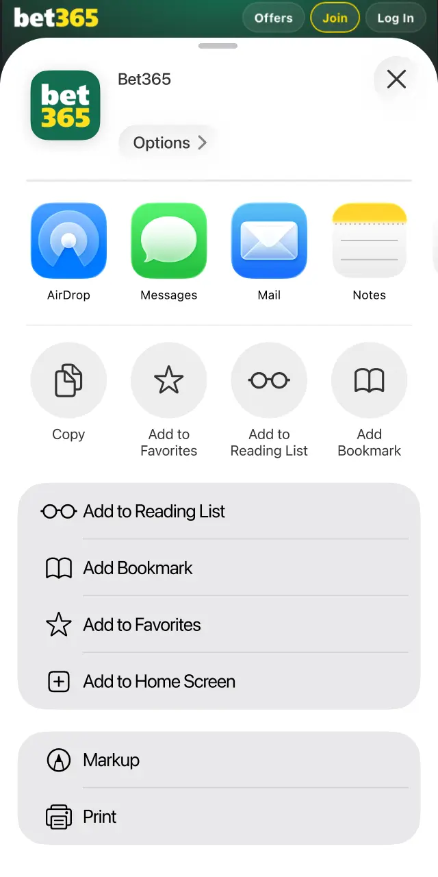 Tap the Share icon at the bottom of Safari to access the menu for Bet365.