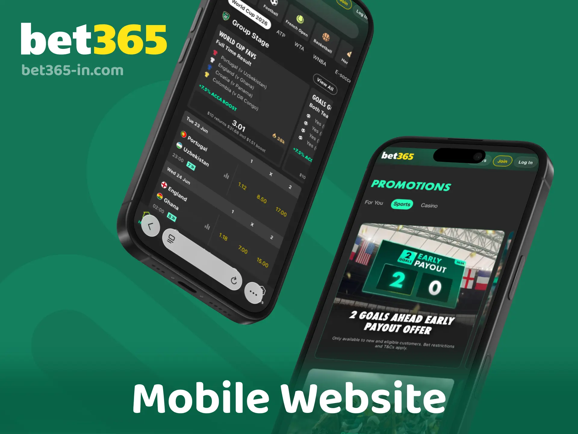 Bet365 mobile website for playing without downloading an app on your browser.