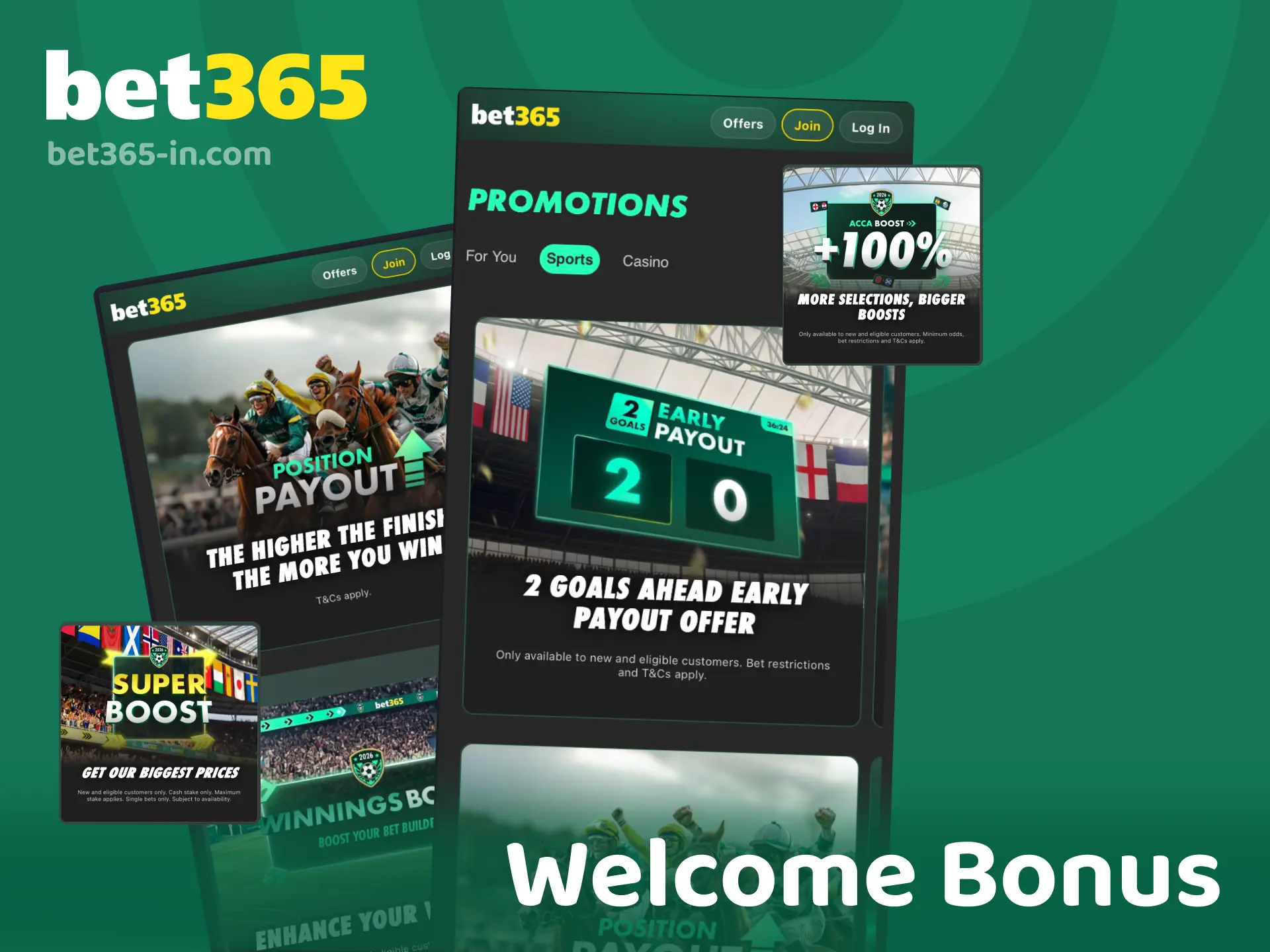 Welcome bonus options for new users in the Bet365 app with extra funds on first deposit.