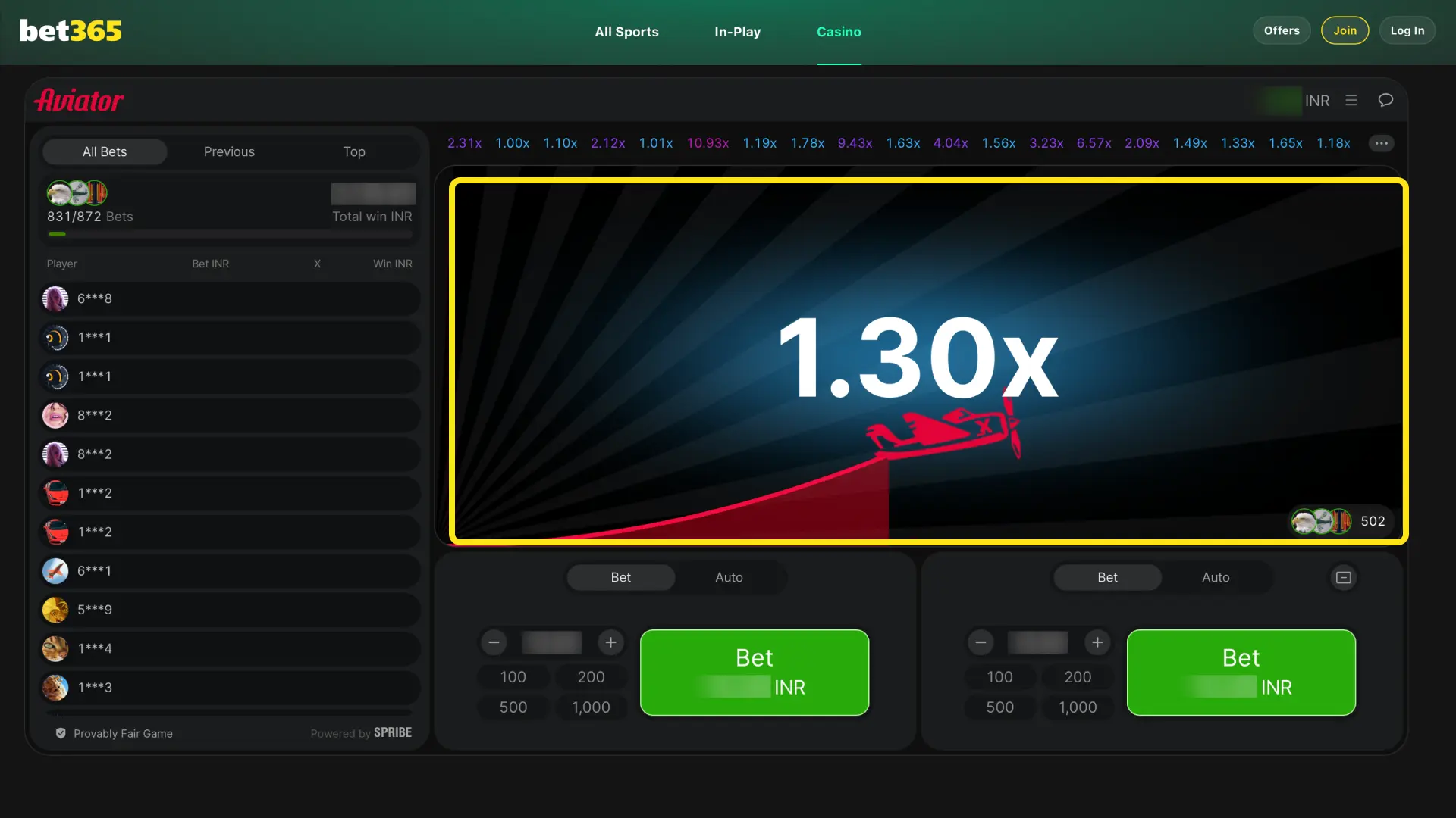 Tap Cash Out on Bet365 India Aviator before the plane crashes to collect your winnings.