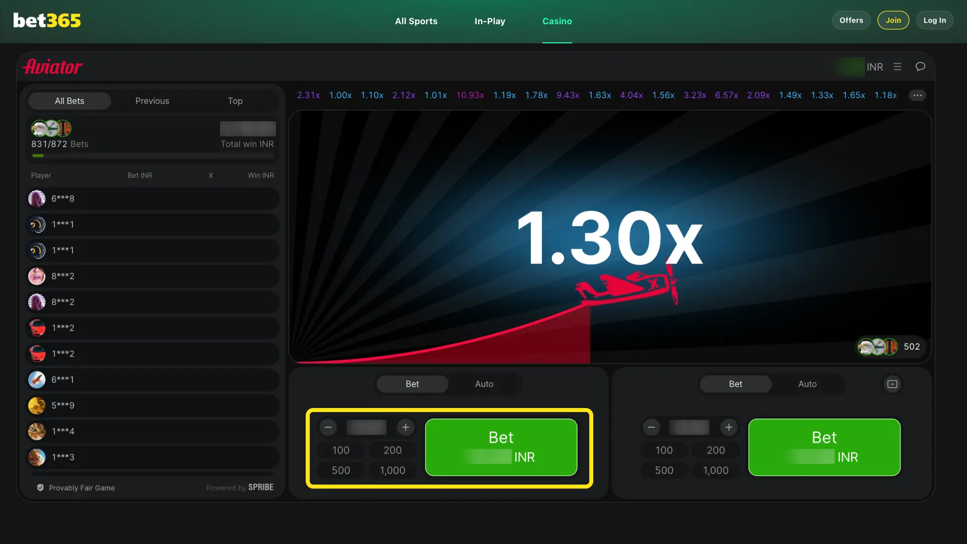 Enter your stake with minimum ₹10 per round on Bet365 India Aviator game.