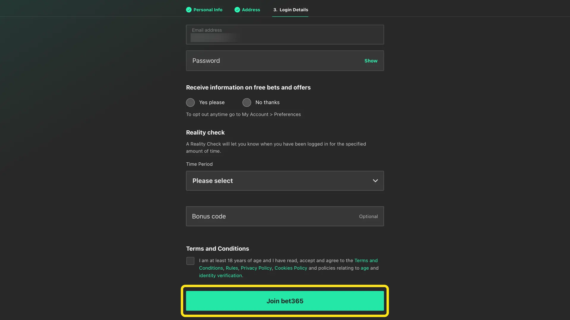 Register on Bet365 India with your name, email, and India mobile number in INR.