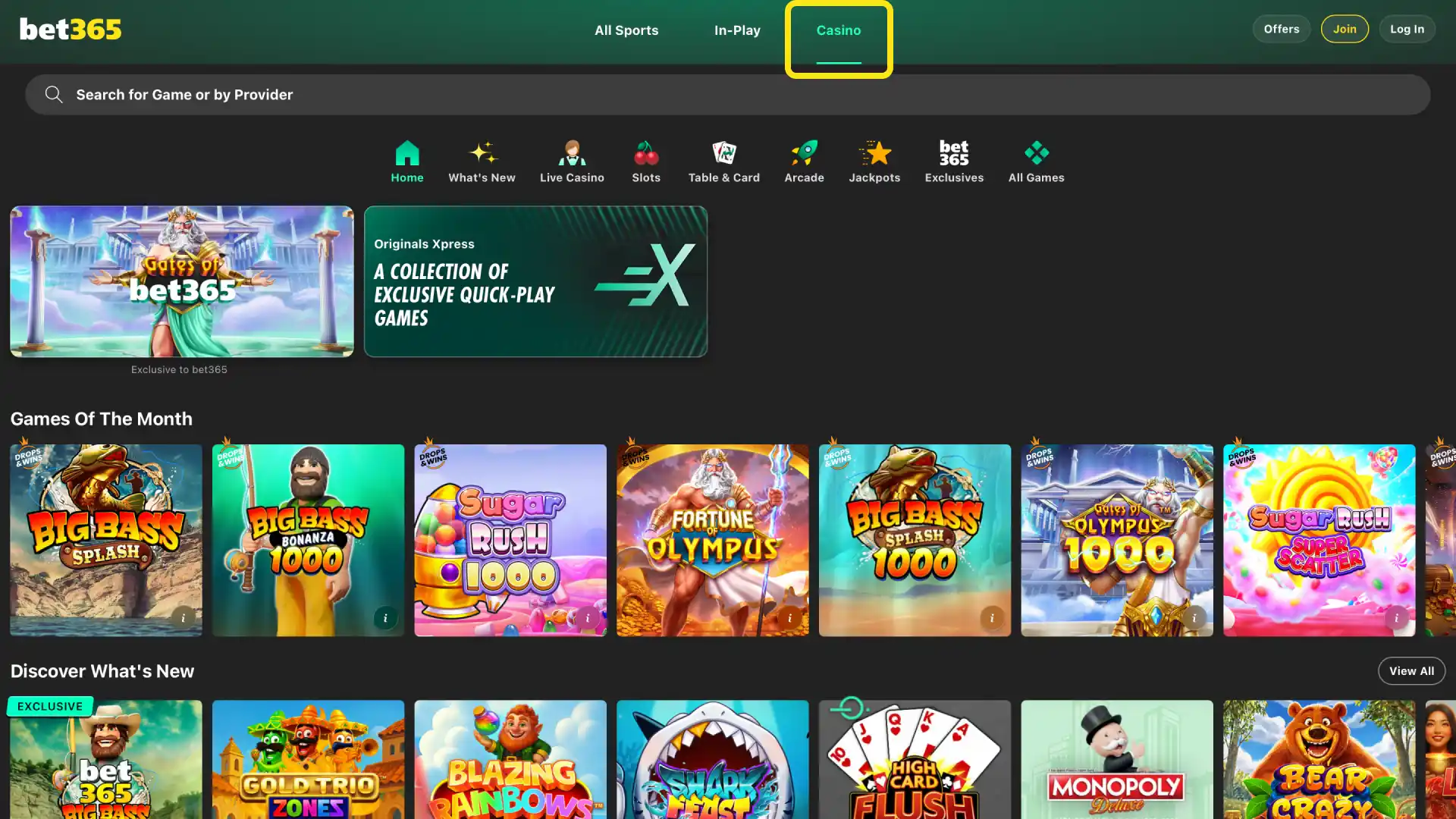 Navigate to Casino tab on Bet365 India and browse slots, live casino, or table games.