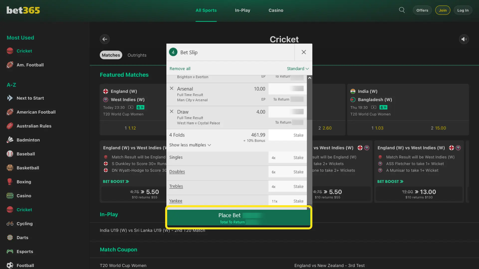 Type your stake in INR on Bet365 India, review return, and tap Place Bet to confirm.