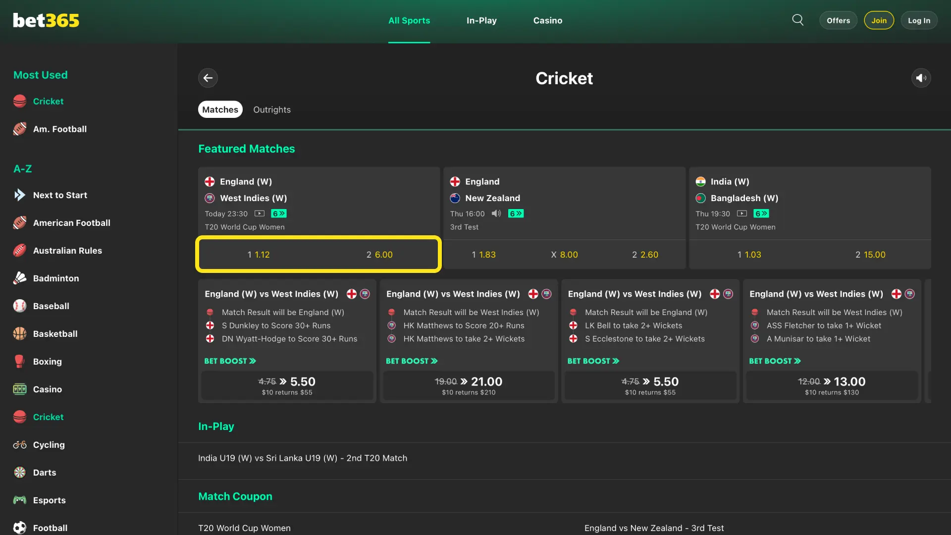 Tap odds for match winner or top batter on Bet365 India to add to your bet slip.
