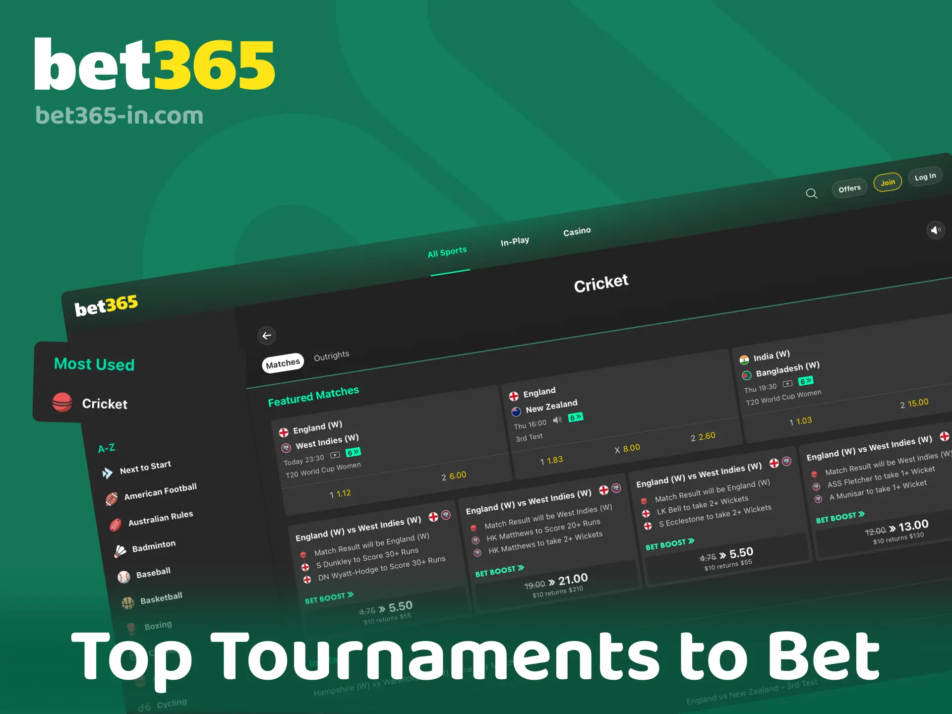 Top cricket tournaments to bet on at Bet365 India including IPL, World Cup, and The Ashes.
