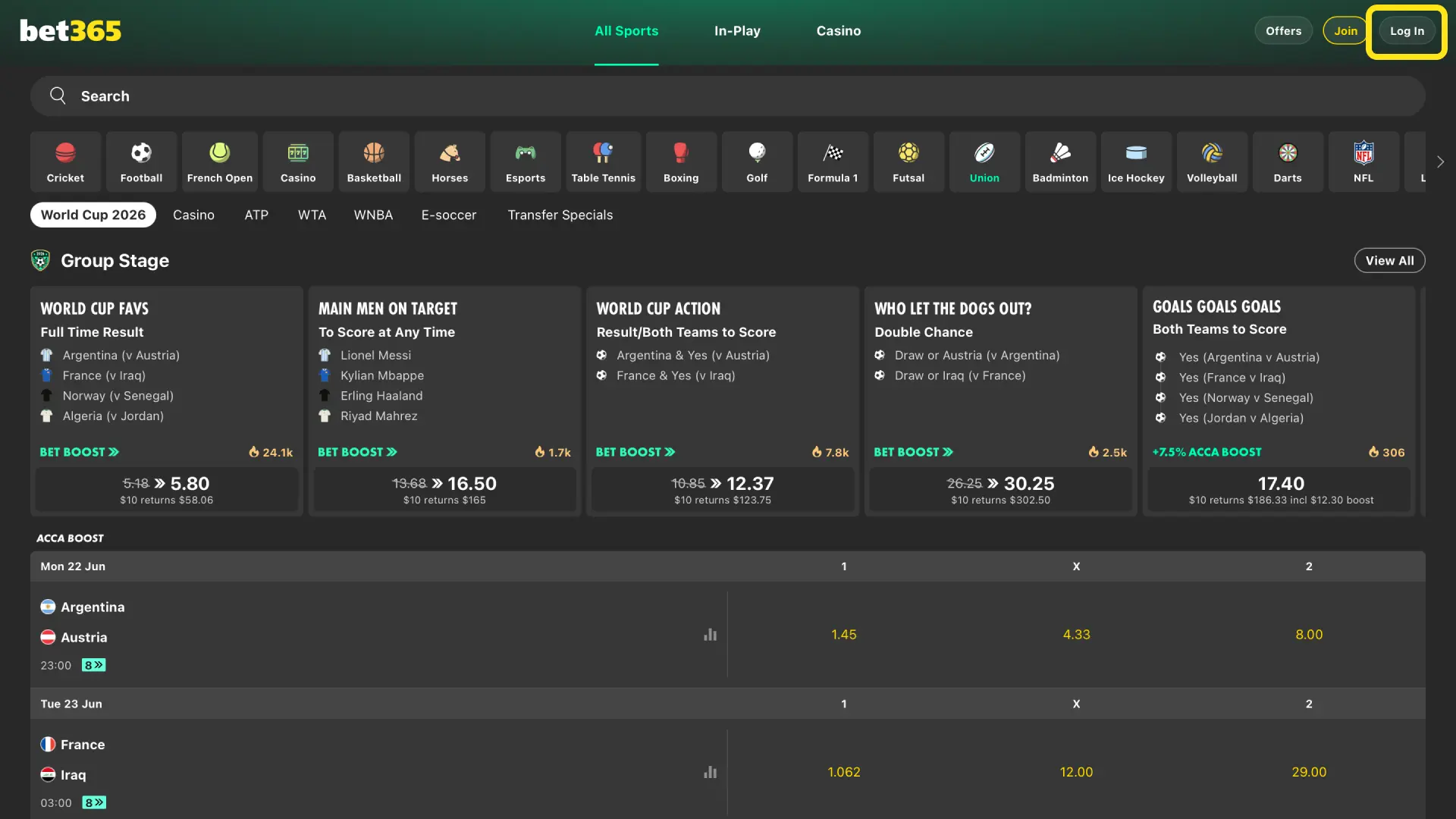 Log in to your Bet365 India account using email or biometric login on the app.