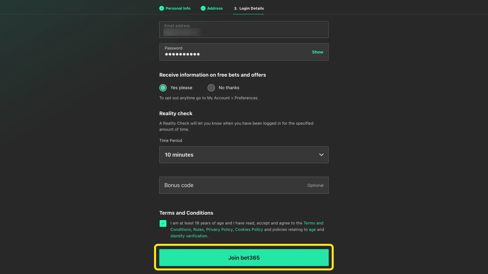 Register on Bet365 India with your name, email, and India mobile number in INR currency.