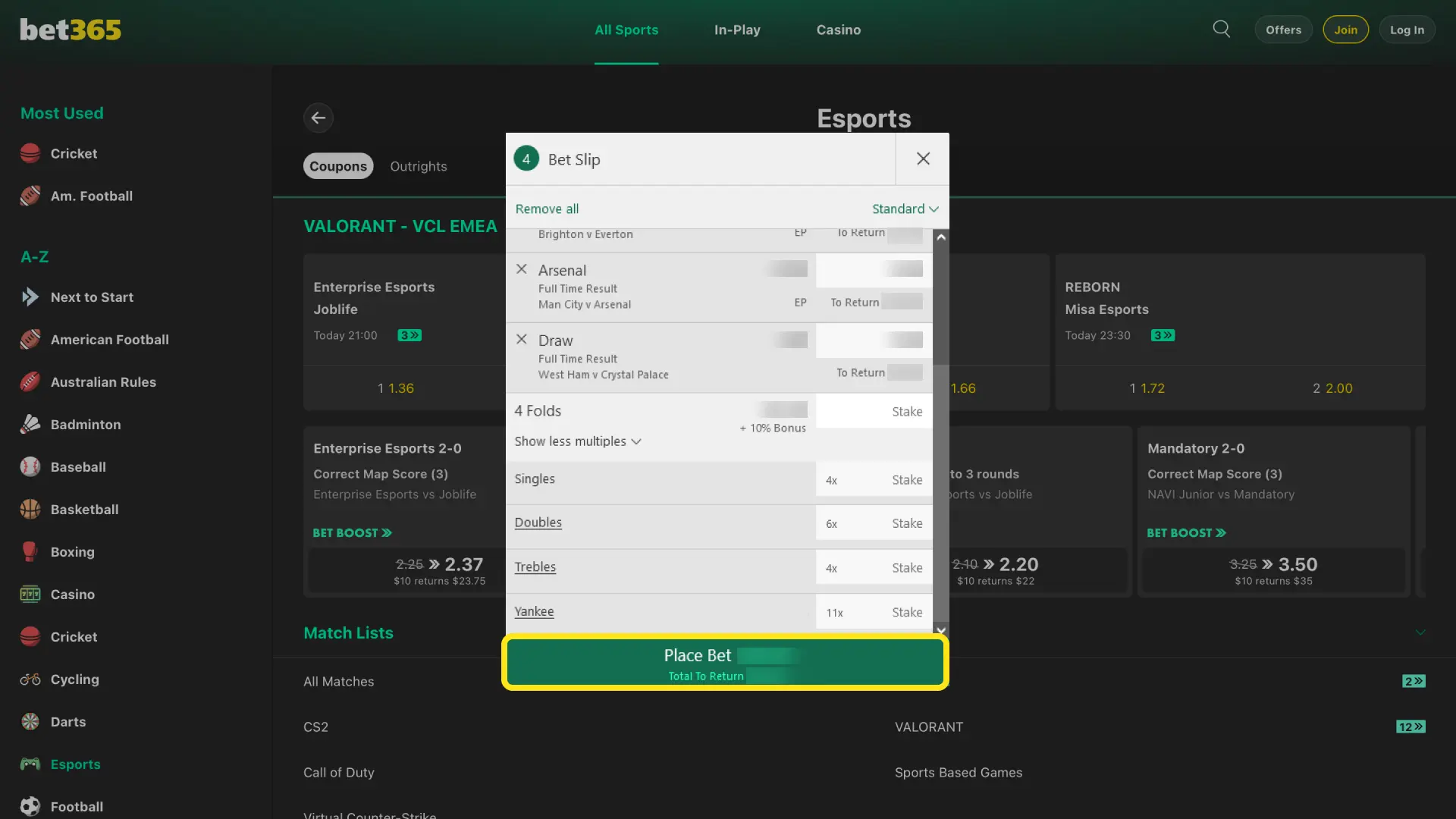 Type your stake in INR on Bet365 India and tap Place Bet to confirm esports wager.