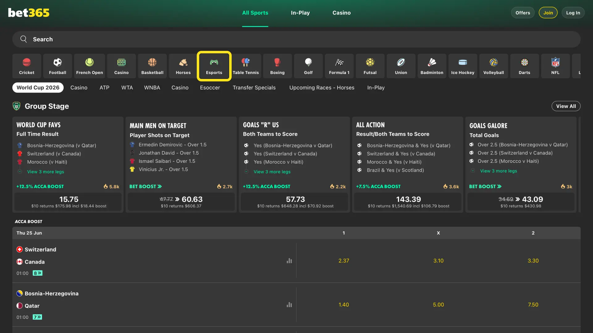 Tap Sports on Bet365 India and scroll to Esports or search for CS2, Dota 2, or LoL.