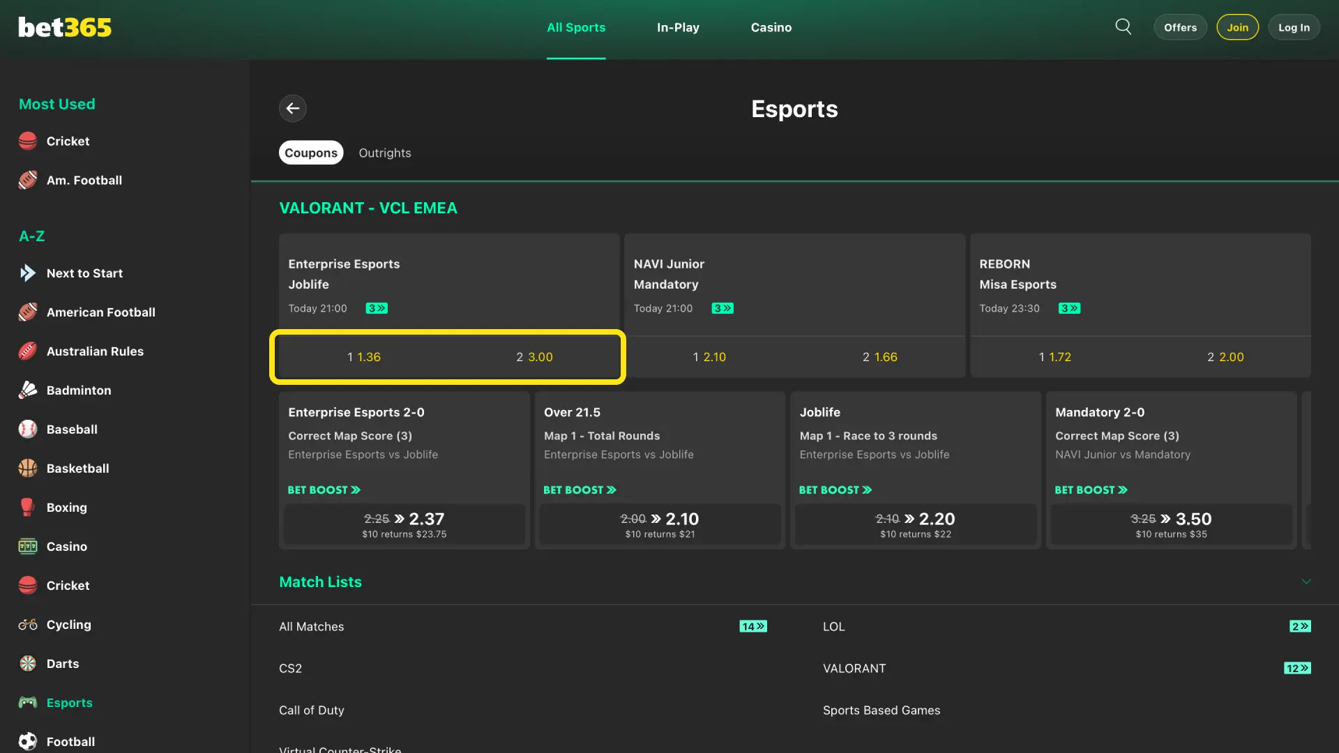 Tap odds for match winner or map result on Bet365 India to add to your esports bet slip.