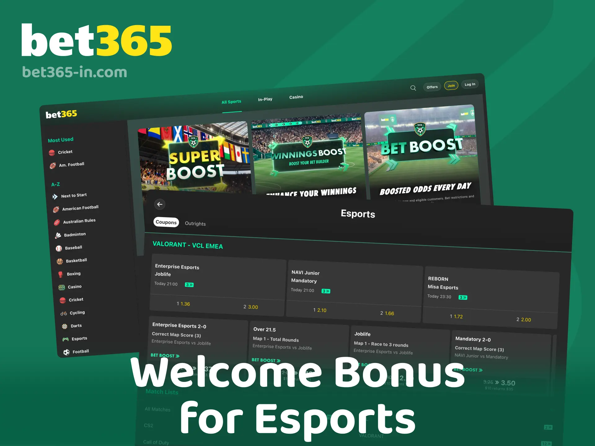 Welcome bonus for esports betting on Bet365 India with 15% match up to ₹4,000 for new players.