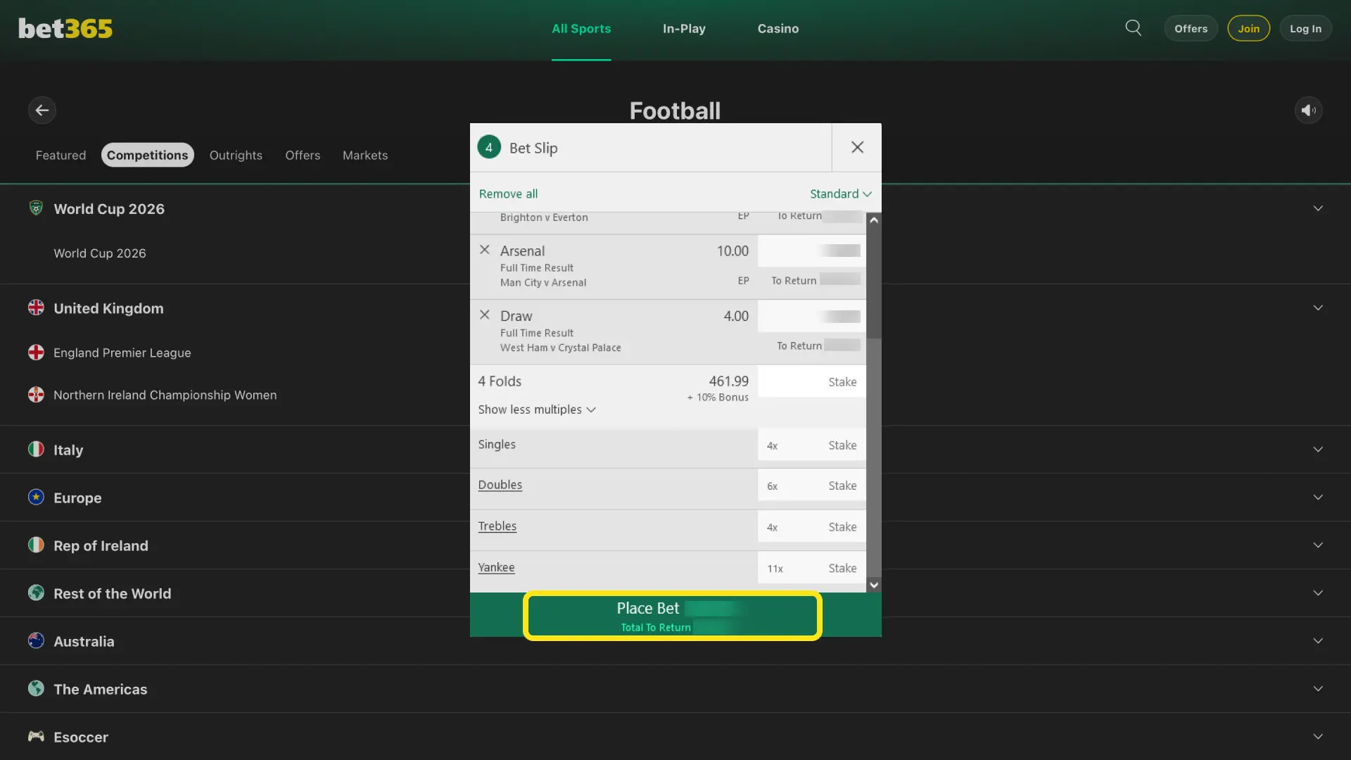 Type your stake in INR on Bet365 India and tap Place Bet to confirm football wager.