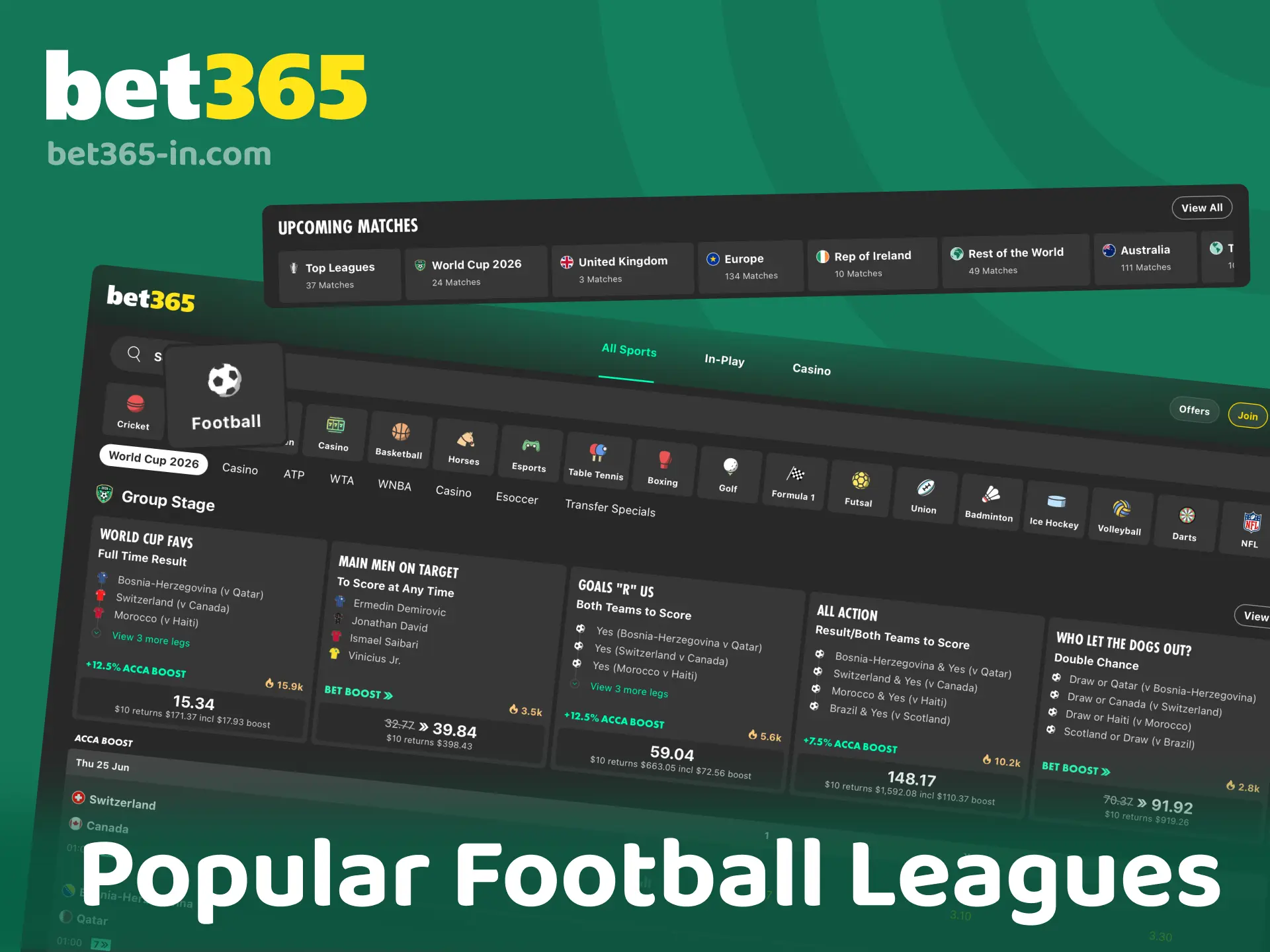 Popular football leagues for Indian bettors on Bet365 India including EPL, La Liga, and ISL.
