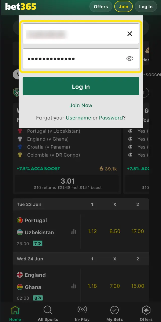 Tap Log In on Bet365 India and enter your registered email or username and password.