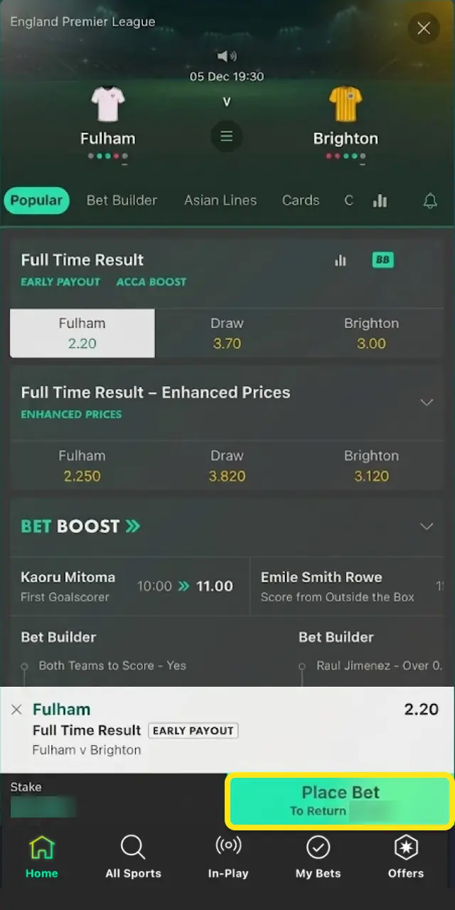 Review your selection and odds on Bet365 India, then tap Place Bet to confirm.