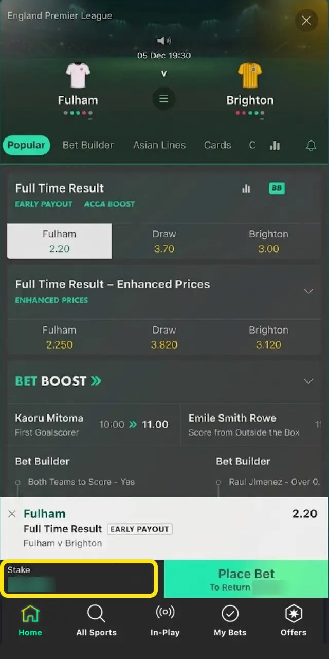 Type your stake in INR on Bet365 India bet slip and see your potential return.