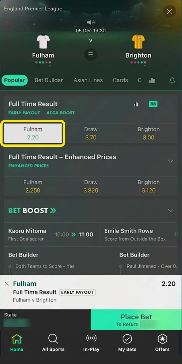 Browse Bet365 India markets like match winner or total runs and tap the odds.