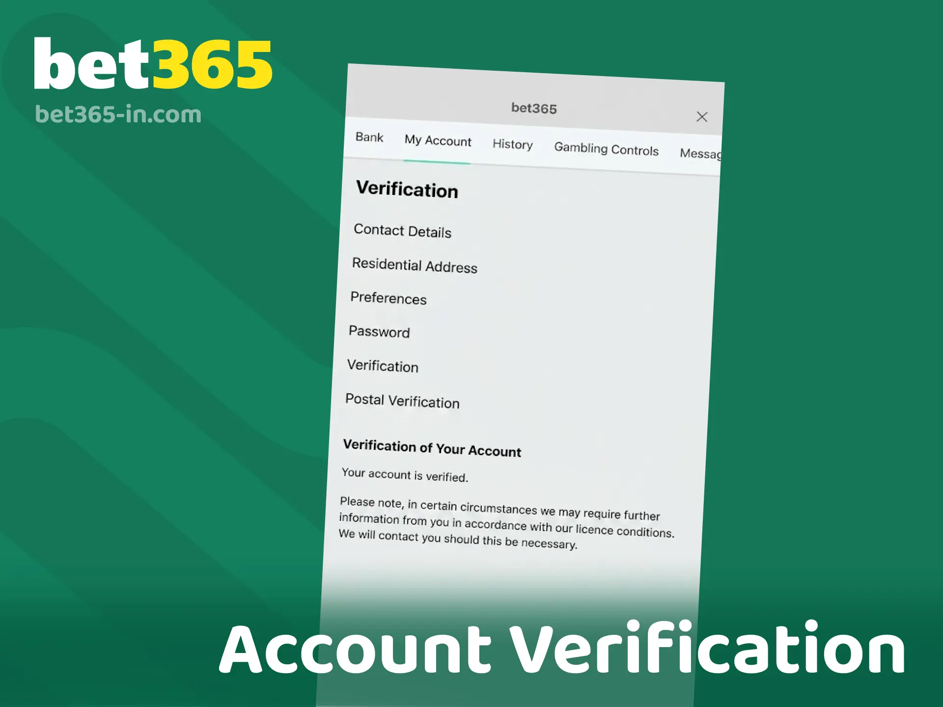 Bet365 account verification for India players with identity and address document upload.