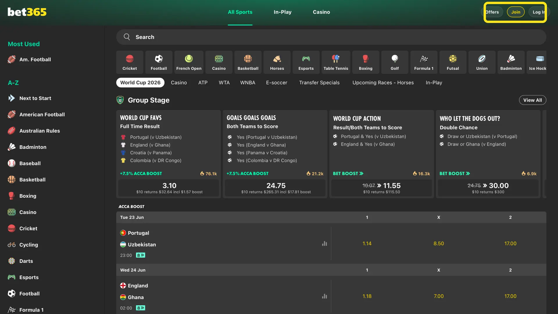 Tap Sign Up or Join on Bet365 India to open the official registration form.