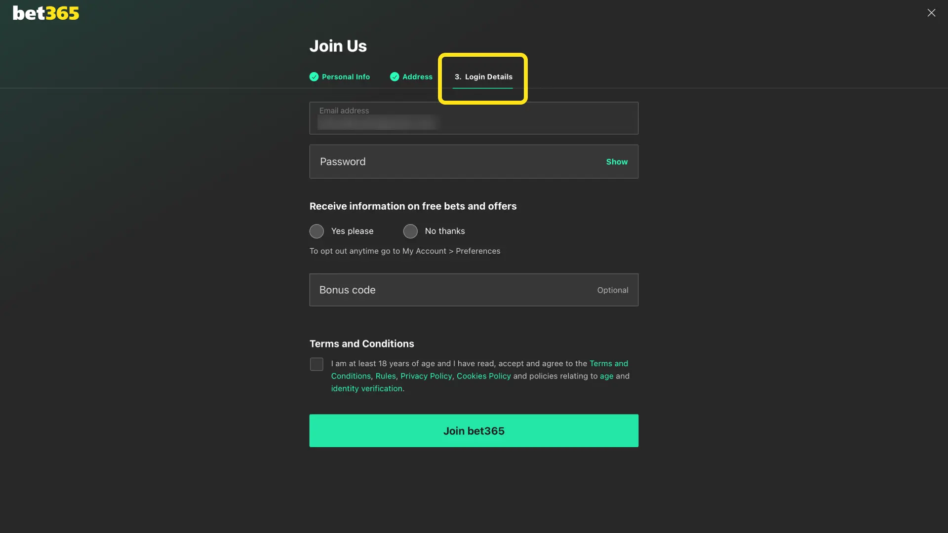 Set a username and strong password for your Bet365 India account with recovery options.