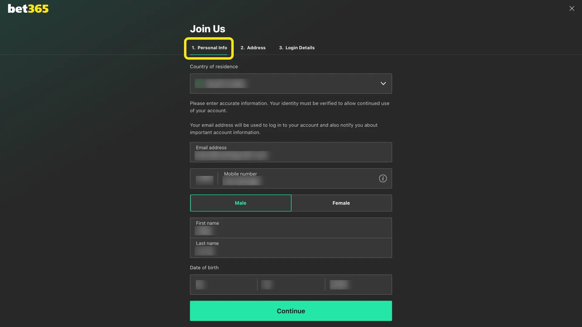 Fill in your full name, date of birth, email, and India mobile number on Bet365 registration.