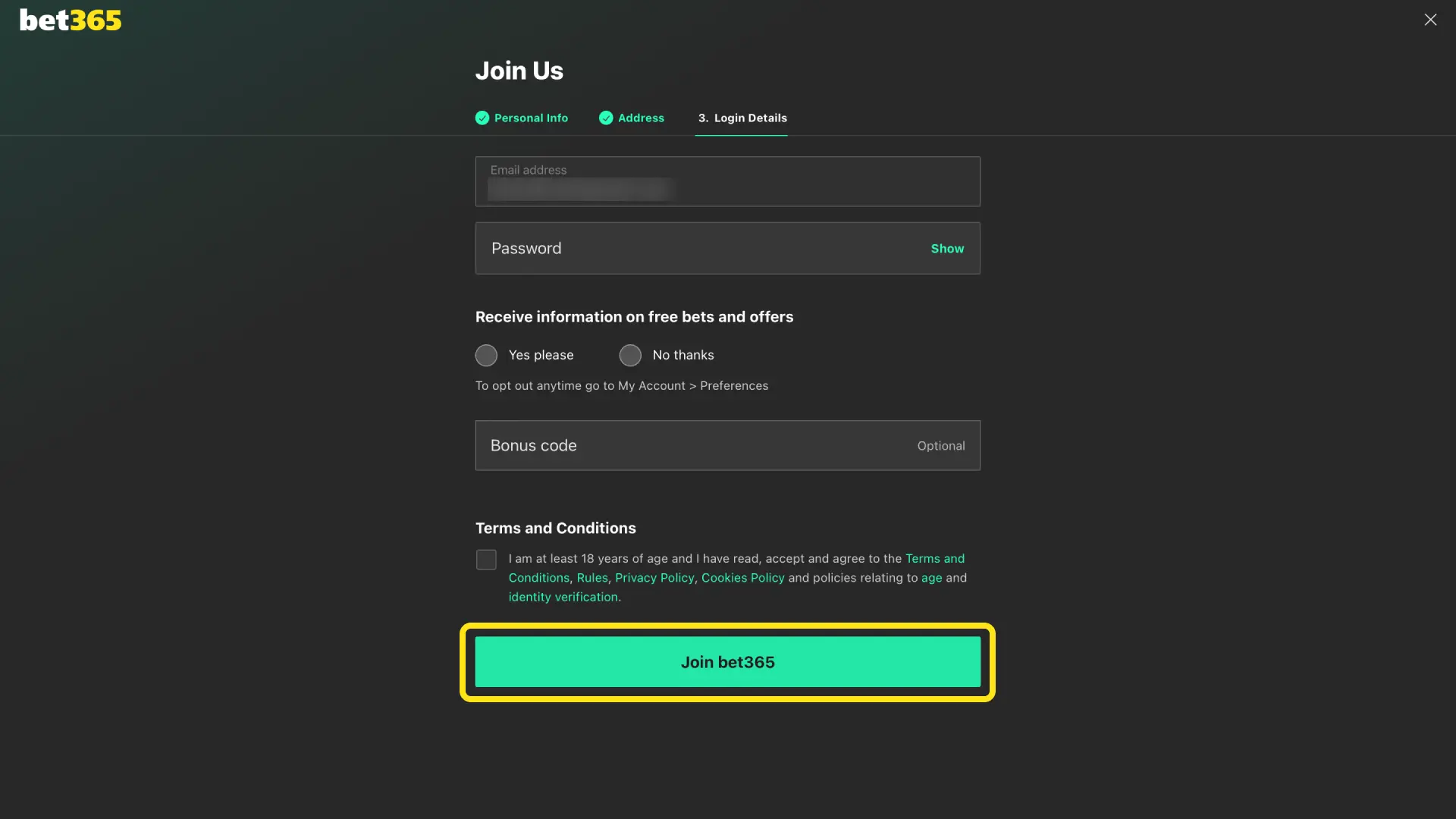 Review your details, accept terms, and submit Bet365 India registration form.