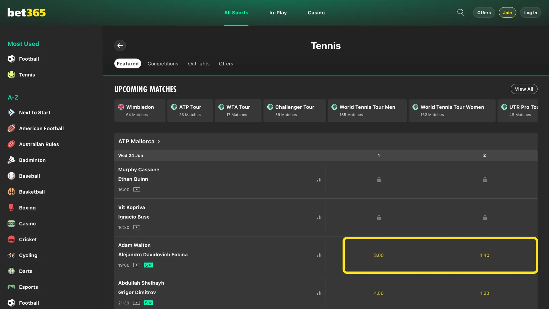 Tap odds for match winner or set betting on Bet365 India to add to your bet slip.