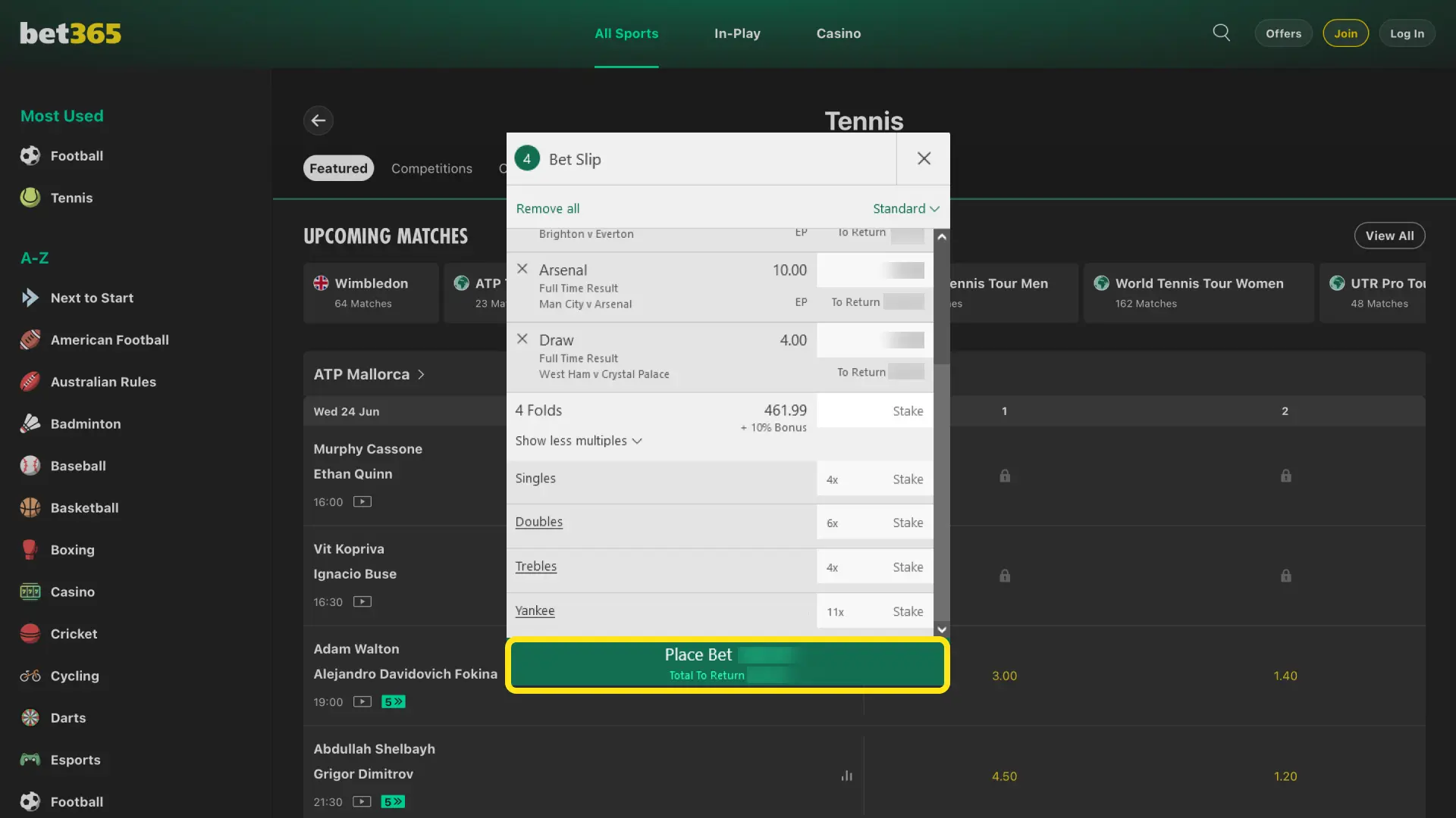 Type your stake in INR on Bet365 India and tap Place Bet to confirm tennis wager.