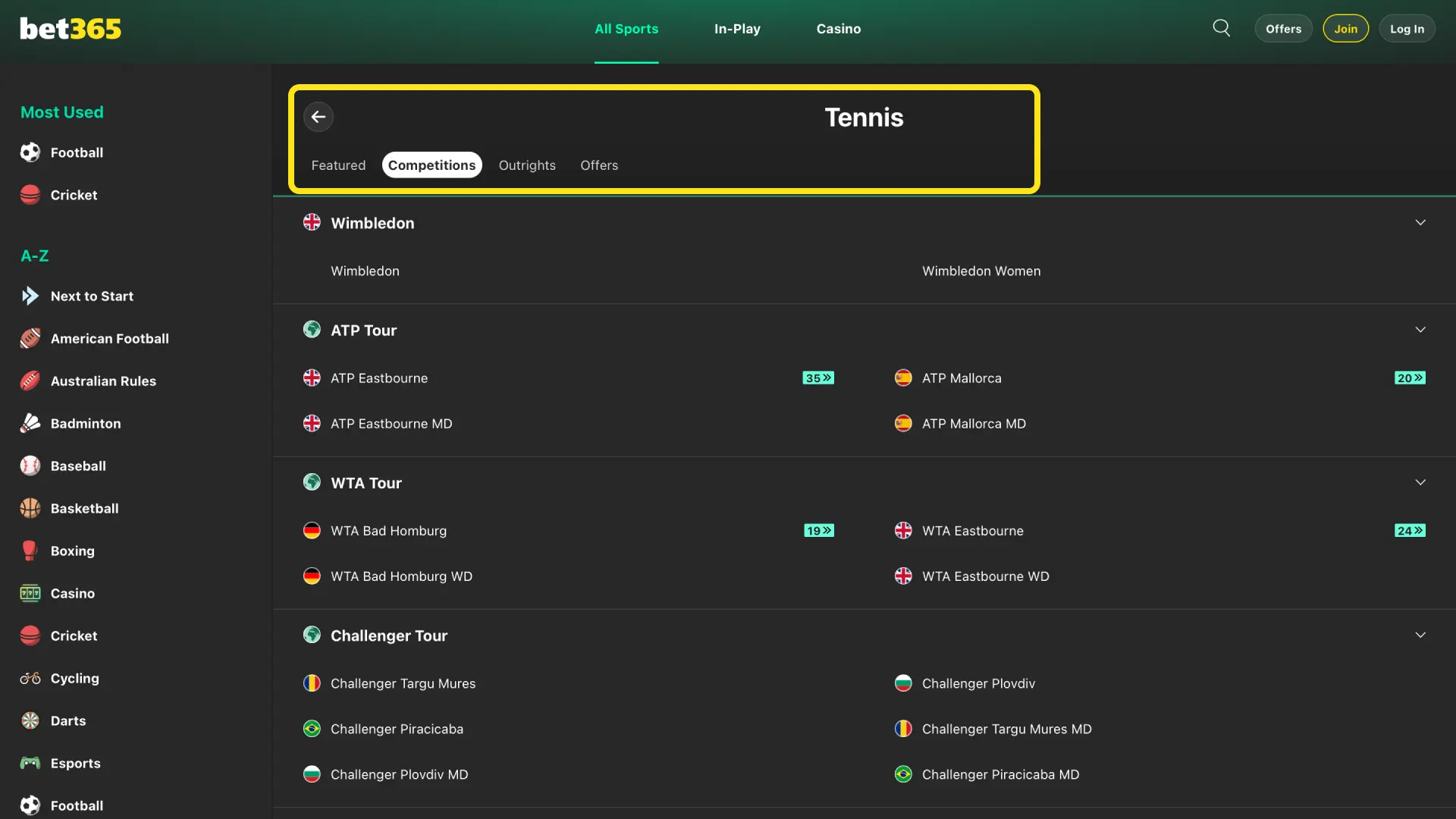 Tap Sports on Bet365 India and select Tennis to find Grand Slams and ATP events.