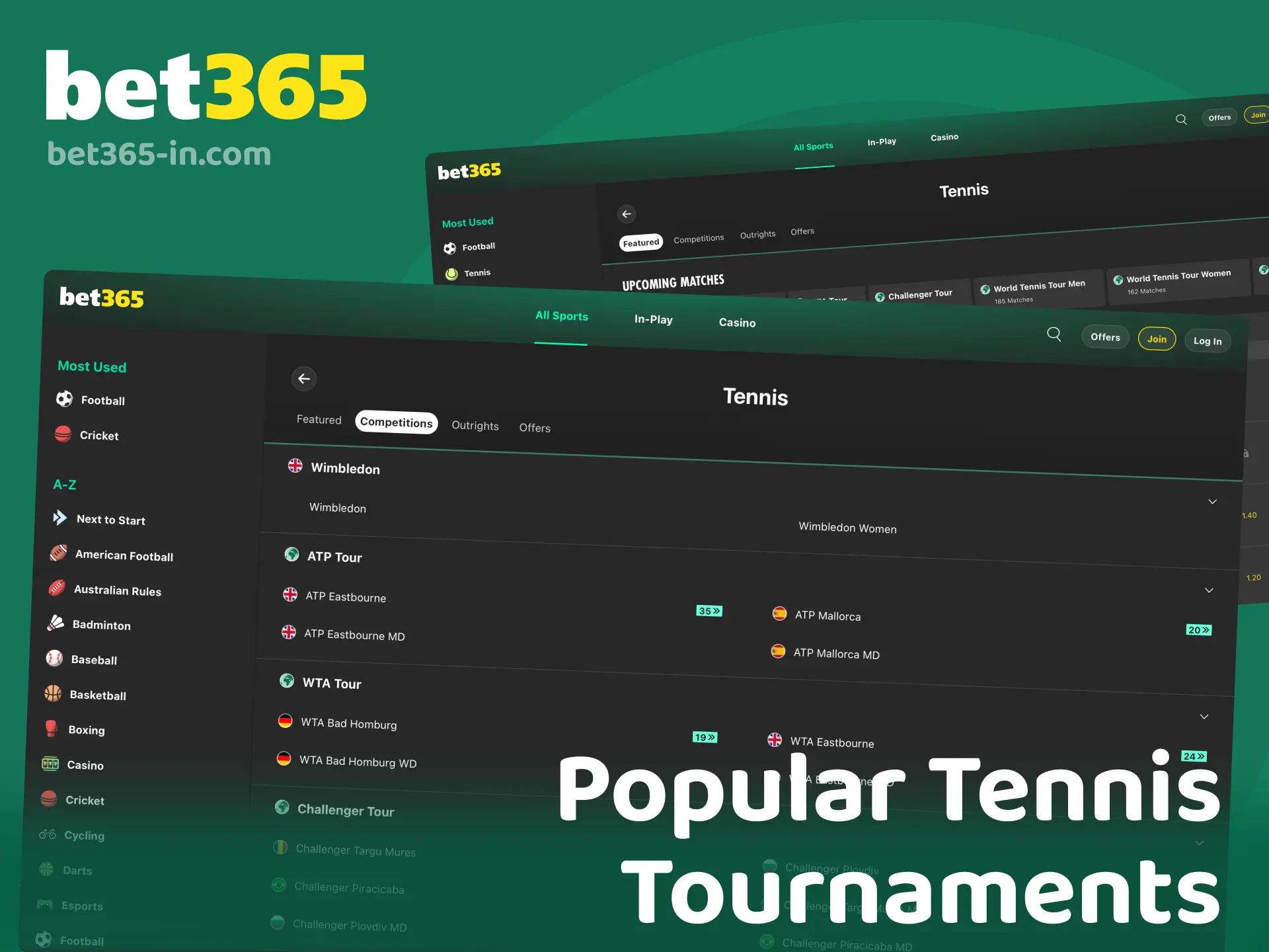 Popular tennis tournaments to bet on at Bet365 India including Wimbledon and Australian Open.