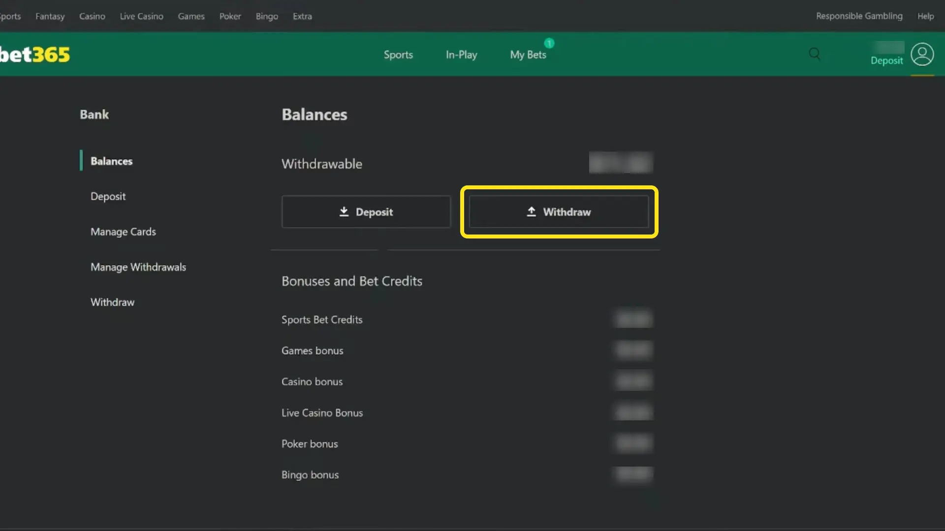Submit identity documents for KYC verification on Bet365 India to enable withdrawals.