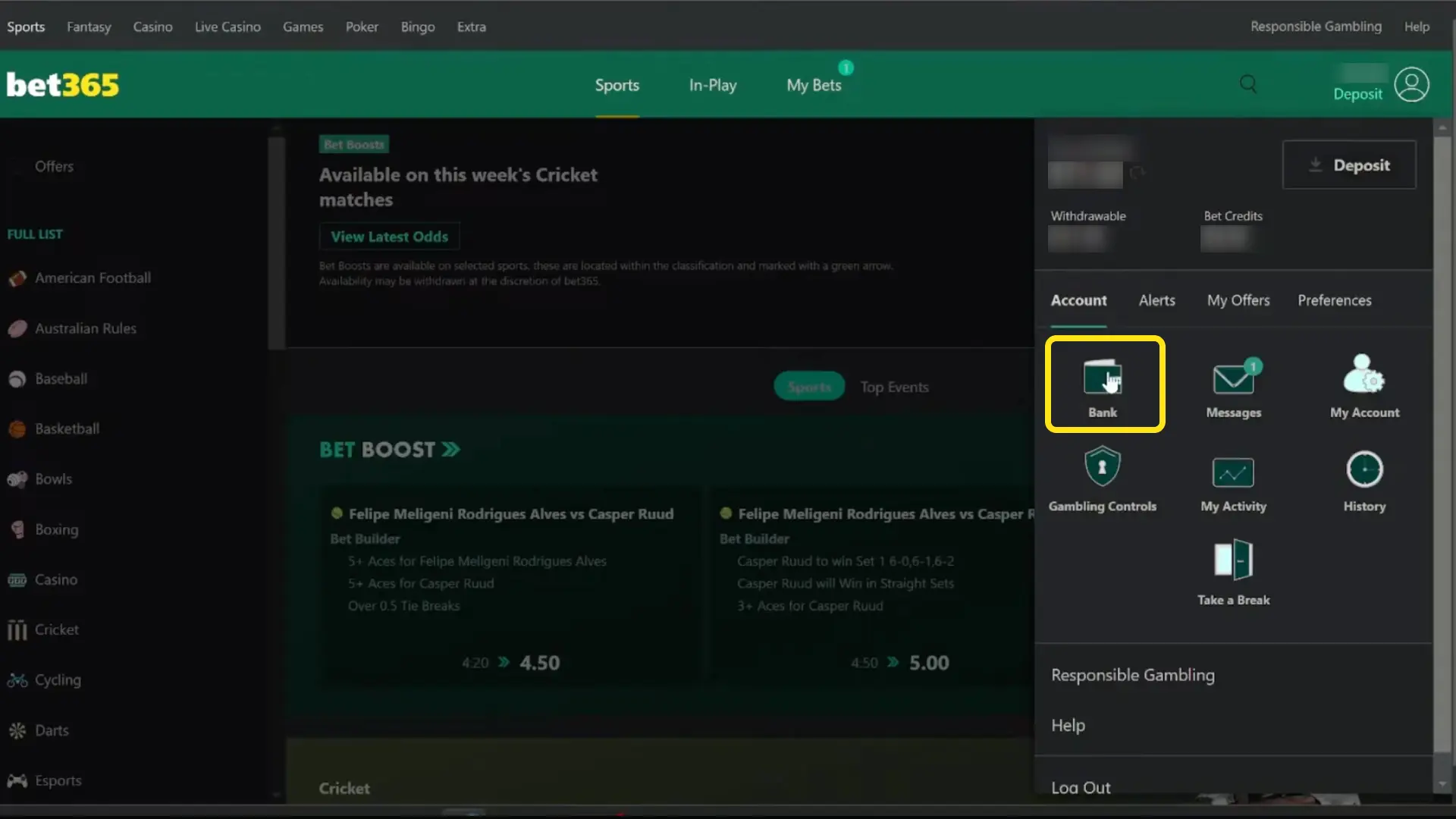 Tap your balance or menu icon and select Withdraw on Bet365 India cashier.